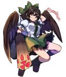  1girl arm_behind_head arm_cannon bird_wings black_legwear black_wings blouse bow brown_eyes closed_mouth eyebrows_visible_through_hair full_body green_bow green_skirt hair_bow highres looking_at_viewer one-hour_drawing_challenge radiation_symbol red_eyes reiuji_utsuho renshirenji simple_background skirt smile solo starry_sky_print touhou twitter_username weapon white_background white_blouse wings 