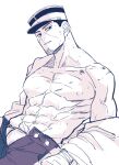  1boy bara black_eyes black_hair buzz_cut facial_hair fundoshi goatee golden_kamuy hat japanese_clothes kepi male_focus military_hat mugisennbei-you muscular muscular_male pants pectorals scar short_hair smile solo stubble sweat tsukishima_hajime very_short_hair wrinkled_skin 