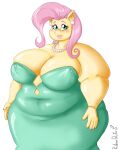  5_fingers anthro big_breasts blush breasts clothing colored_nails dress ear_piercing equid equine eyebrows eyelashes eyeshadow female fingers fluttershy_(mlp) friendship_is_magic hair hasbro huge_breasts jewelry lipstick makeup mammal my_little_pony nails necklace obese obese_anthro obese_female overweight overweight_anthro overweight_female piercing pink_hair professordoctorc simple_background solo standing white_background yellow_body 