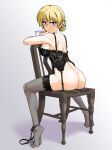  1girl ass black_corset black_legwear black_panties blonde_hair blue_eyes blush braid breasts closed_mouth corset cup darjeeling_(girls_und_panzer) fishnet_legwear fishnet_panties fishnets french_braid full_body garter_belt garter_straps girls_und_panzer large_breasts lingerie looking_at_viewer nipples oosaka_kanagawa panties panties_around_one_leg shiny shiny_hair shoulder_blades simple_background smile solo teacup thighhighs underwear 