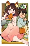  1boy 1girl :q aburaage animal_ear_fluff animal_ears barefoot border brown_eyes brown_hair character_request covered_navel cup_ramen donbee_(food) dot_pupils dress eating food food_focus fox_ears fox_girl fox_tail gashi-gashi glasses highres looking_at_viewer nissin pink_dress solo_focus tail tongue tongue_out white_border 
