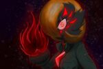  2021 black_background black_body clothing demon elemental_manipulation female fire fire_manipulation fusion gardevoir ghostth39 glowing glowing_eyes hair hair_over_eye halloween hi_res holidays humanoid jacket looking_at_viewer markings nintendo not_furry one_eye_obstructed orange_hair pok&eacute;mon pok&eacute;mon_(species) pok&eacute;mon_fusion red_eyes simple_background solo topwear torn_jacket video_games 