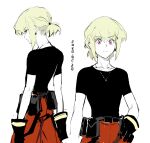  1boy androgynous black_gloves black_shirt earrings eyebrows_visible_through_hair frown gloves green_hair hand_on_hip hanezo highres jewelry lio_fotia looking_at_viewer male_focus multiple_views necklace pants promare raised_eyebrow red_pants shirt short_hair sidelocks simple_background single_earring white_background 