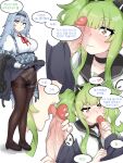  2girls absurdres black_choker black_hairband black_legwear black_sailor_collar blue_hair blush brown_eyes censored choker closed_mouth clothes_lift erection eyebrows_visible_through_hair fellatio futa_with_female futanari girls&#039;_frontline grabbing green_hair hairband highres korean_text licking licking_penis lifted_by_self long_hair m950a_(girls&#039;_frontline) mosaic_censoring multiple_girls nervous open_mouth oral panties pantyhose penis penis_awe penis_grab penis_shadow physisyoon sailor_collar shirt simple_background skirt skirt_lift speech_bubble standing thunder_(girls&#039;_frontline) tongue tongue_out translation_request twintails underwear veins veiny_penis white_background white_shirt 