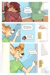  anthro bookshelf canid canine canis chair comic dialogue door duo excited female fennec fink_(artist) fox furniture hi_res intersex intersex/intersex kali_(artist) male mammal opening_door speech_bubble tagme wolf 