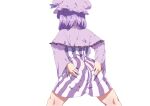  1girl ass ass_grab blue_ribbon capelet dress from_behind fuka_(kantoku) grabbing_own_ass hat hat_ribbon highres long_sleeves mob_cap patchouli_knowledge purple_hair ribbon short_dress simple_background solo speech_bubble spread_legs striped striped_dress touhou vertical-striped_dress vertical_stripes white_background wide_sleeves 