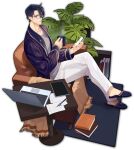  1boy artist_request black_hair blue_footwear book bookshelf cellphone computer crossed_legs cup from_above game_cg grey_shirt highres holding holding_cup holding_phone laptop mahjong_soul male_focus official_art pants paper pen phone plant plant_request rug saitou_osamu shirt simple_background sitting slippers smartphone solo steam table tablet_pc third-party_source transparent_background white_pants yostar 