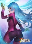  1girl absurdres ass bangs belt blue_hair bodysuit breasts cowboy_shot cryokinesis eyebrows_visible_through_hair gloves highres kula_diamond long_hair looking_at_viewer medium_breasts purple_eyes radjeong simple_background smile snowflakes the_king_of_fighters 