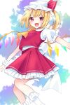  1girl :d absurdres ascot blonde_hair blush crystal flandre_scarlet hat hat_ribbon highres looking_at_viewer mob_cap open_mouth puffy_short_sleeves puffy_sleeves purple_eyes red_ribbon red_skirt red_vest ribbon shirt short_sleeves side_ponytail skirt skirt_set smile socks solo stigma1101 touhou vest white_legwear white_shirt wings 