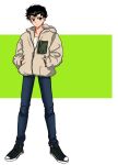  1boy absurdres asanoyuma black_hair brown_eyes denim full_body hair_slicked_back hands_in_pockets highres jacket jeans male_focus pants simple_background solo standing urameshi_yusuke yu_yu_hakusho 