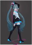  1girl aqua_eyes aqua_hair aqua_necktie black_legwear blush boots detached_sleeves fkey grey_background grey_shirt hatsune_miku headphones headset high_heels highres long_hair necktie shirt simple_background skirt sleeveless solo thigh_boots thighhighs twintails very_long_hair vocaloid 