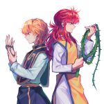  2boys blonde_hair chain chinese_clothes from_side green_eyes highres holding holding_weapon hsh7955 hunter_x_hunter kurama_(yu_yu_hakusho) kurapika long_sleeves male_focus multiple_boys otoko_no_ko red_eyes red_hair tabard weapon whip white_background yu_yu_hakusho 