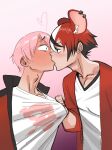  2boys animal_ears black_hair blush calvin_morrison eye_contact face-to-face full-face_blush genderswap genderswap_(ftm) hakos_baelz hayko highres hololive hololive_english jacket kiss looking_at_another mori_calliope mouse_ears multicolored_hair multiple_boys red_hair shirt shirt_grab t-shirt virtual_youtuber white_hair yaoi zedd_(zedgawr) 