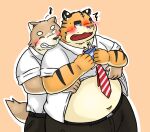  2013 anthro bake_gosut belly big_belly blush bottomwear brown_body canid canine canis clothing domestic_dog duo felid humanoid_hands kemono male male/male mammal navel necktie orange_body pantherine pants pink_nose shirt simple_background tiger topwear 
