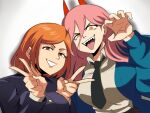  2girls :d breasts chainsaw_man crosshair_pupils crossover double_v grin highres horns jacket jujutsu_kaisen kugisaki_nobara long_hair long_sleeves multiple_girls necktie orange_eyes orange_hair pink_hair power_(chainsaw_man) red_horns sharp_teeth short_hair simple_background smile symbol-shaped_pupils teeth tina_fate tongue tongue_out trait_connection upper_body v white_background 