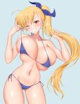  1girl bikini blonde_hair blue_background blue_bikini blush breasts collarbone eyebrows_visible_through_hair grin hair_ribbon large_breasts long_hair looking_at_viewer lyrical_nanoha mahou_shoujo_lyrical_nanoha_strikers mahou_shoujo_lyrical_nanoha_vivid navel one_eye_closed ponytail ribbon shinki_(shinki59) shiny shiny_hair shiny_skin side-tie_bikini simple_background skindentation smile solo standing swimsuit vivio 