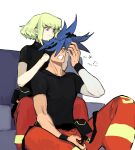  2boys androgynous black_gloves black_shirt blue_hair closed_eyes eyebrows_visible_through_hair galo_thymos gloves green_hair half_gloves hand_in_another&#039;s_hair hanezo highres lio_fotia male_focus multiple_boys pants promare purple_eyes red_pants shirt short_hair sidelocks simple_background sitting white_background yaoi yawning 