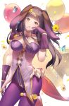  1girl absurdres animal_ears balloon black_hair breasts bug butterfly cape circlet cleavage cowboy_shot detached_collar eyebrows_visible_through_hair fake_animal_ears fire_emblem fire_emblem_awakening fire_emblem_heroes flower gloves hair_flower hair_ornament hand_on_own_cheek hand_on_own_face highres large_breasts leotard looking_at_viewer official_alternate_costume open_mouth pantyhose parupome playboy_bunny puffy_short_sleeves puffy_sleeves purple_eyes purple_gloves purple_legwear purple_leotard rabbit_ears short_sleeves simple_background solo strapless strapless_leotard tharja_(fire_emblem) thigh_strap white_background wrist_cuffs yellow_flower 