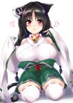  1girl anchor_hair_ornament animal_ears azur_lane bell black_hair blush braid breasts cat_ears detached_sleeves eyebrows_visible_through_hair green_hakama hair_ornament hakama hakama_skirt heart highres ibara_azuki japanese_clothes jingle_bell kimono lips looking_at_viewer ooshio_(azur_lane) red_eyes shadow sitting skirt smile thighhighs twin_braids wariza white_background white_legwear 