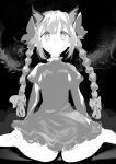 1girl bangs barefoot braid breasts closed_mouth dark_background dress feet_out_of_frame frown greyscale kaenbyou_rin long_hair looking_at_viewer monochrome polpol simple_background sitting solo touhou twin_braids very_long_hair wariza 