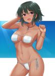  1girl bangs bare_shoulders bikini blush bracelet breasts cameltoe collarbone dark-skinned_female dark_skin eyebrows_visible_through_hair eyepatch_bikini green_hair highres idolmaster idolmaster_cinderella_girls jewelry large_breasts looking_at_viewer natalia_(idolmaster) necklace open_mouth purple_eyes short_hair side-tie_bikini smile solo standing swimsuit tomajiyama white_bikini 