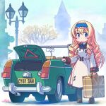  1girl blonde_hair blue_eyes blue_hairband car cecilia_alcott commentary_request commission dress full_body ground_vehicle hairband highres infinite_stratos infinite_stratos_academy_uniform lamppost long_hair looking_at_viewer motor_vehicle skeb_commission solo suitcase union_jack waka_(sagi) white_dress 