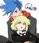  2boys androgynous black_gloves blue_hair crossed_arms earrings eyebrows_visible_through_hair galo_thymos gloves green_hair hanezo heart highres hood hood_down hug hug_from_behind jewelry lio_fotia male_focus multiple_boys open_mouth promare purple_eyes short_hair sidecut simple_background single_earring white_background 