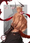  1boy armband ass back bara bare_back bare_shoulders closed_mouth collar earrings eyebrows from_behind gift_art highres horns jewelry jiecaoxiong large_pectorals looking_at_viewer looking_back male_focus muscular muscular_male nipples original pectorals piercing scarf short_hair shoulder_blades sidepec solo spiked_hair spiked_tail spikes tail tan topless_male torn_clothes torn_legwear white_hair yellow_eyes 