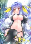  1girl angel_wings arm_up armpits asymmetrical_wings bangs bare_shoulders black_legwear blue_hair breasts center_opening choker cleavage closed_mouth confetti detached_sleeves dizzy_(guilty_gear) eyebrows_visible_through_hair feathered_wings feathers guilty_gear guilty_gear_x guilty_gear_xx hair_ribbon hair_rings highres large_breasts long_hair looking_at_viewer monster_girl navel open_clothes red_eyes ribbon simple_background smile solo stomach tail tail_ornament tail_ribbon thigh_strap thighhighs thighs thrylos_su twintails underboob white_background wings yellow_ribbon 