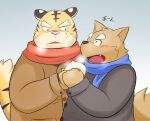  2013 anthro bake_gosut blush canid canine canis clothing domestic_dog duo felid food japanese_text kemono male male/male mammal overweight overweight_male pantherine pink_nose scarf simple_background sweater text tiger topwear 