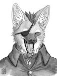  2018 anthro black_and_white bust_portrait button_(fastener) cheek_tuft clothing dated eyes_closed facial_tuft fangs front_view hair happy inner_ear_fluff male monochrome neck_tuft open_mouth portrait signature skyelegs solo tongue topwear tuft whiskers 