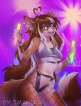  ahoge anthro bottomwear breasts brown_hair canid canine clothed clothing collar digital_media_(artwork) ear_piercing female fishnet fishnet_legwear glowstick green_eyes hair imanika inner_ear_fluff legwear long_hair looking_at_viewer mammal multicolored_hair open_mouth piercing pink_collar shaded solo tuft two_tone_hair under_boob white_hair white_inner_ear_fluff 