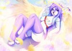  anthro areola bambolbi blue_areola blue_eyes blue_hair blue_nipples blue_pussy breasts clothing digital_media_(artwork) ear_piercing eyelashes feathered_wings feathers female genitals gradient_hair hair halo hi_res hindpaw holding_arrow legwear looking_at_viewer lying mammal nipples on_back paws piercing purple_clothing purple_hair purple_legwear pussy shaded solo taigas_(constantius) wings 