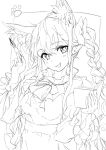  1girl :d animal_ear_fluff animal_ears blush book bow braid fang greyscale hair_bow holding holding_book holding_pen kaenbyou_rin long_hair looking_at_viewer monochrome nib_pen_(object) pen polpol sketch smile solo touhou twin_braids 