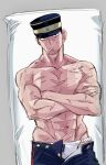  1boy bara black_eyes black_hair blue_pants buzz_cut crossed_arms facial_hair frown fundoshi goatee golden_kamuy hat highres japanese_clothes kepi looking_at_viewer male_focus military_hat mugisennbei-you muscular muscular_male navel pants pectorals scar short_hair solo stubble tsukishima_hajime twitter_username very_short_hair wrinkled_skin 