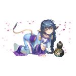  1girl all_fours amazuyu_tatsuki animal_ears blue_eyes blue_hair bottle braid breasts cat_ears cat_girl cat_tail choko_(cup) collar cup drink grin hair_between_eyes hair_ribbon highres holding holding_cup japanese_clothes karura_(utawarerumono) kimono large_breasts long_hair looking_at_viewer metal_collar obi official_art pearl_hair_ornament ribbon sash smile solo tabi tail transparent_background utawarerumono utawarerumono:_lost_flag 