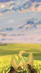  absurd_res background_character blue_sky bone_frill cloud dragon ears_back feral frill_(anatomy) gold_scales grain grass green_markings hi_res kazarka9 male markings pink_sky pivoted_ears plant scenic_view sky solo sunrise tree wings yellow_eyes yellow_flowers yellow_tail 