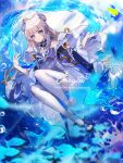  1girl bare_shoulders blue_eyes bow bowtie coral_reef fish frilled_sleeves frills full_body genshin_impact gloves hair_ornament highres long_sleeves obeycat ocean pink_hair sangonomiya_kokomi smile thighhighs underwater white_gloves white_legwear wide_sleeves 