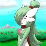  2021 blush detailed_background female gardevoir ghostth39 green_hair hair hair_bun hair_over_eye hi_res humanoid long_hair mountain nintendo not_furry one_eye_obstructed open_mouth pink_eyes pok&eacute;mon pok&eacute;mon_(species) scarf sky solo teeth video_games 