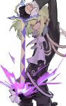  1boy androgynous bandage_on_face bandages belt black_belt black_gloves black_pants clenched_hand fire gloves green_hair half_gloves hanezo holding holding_sword holding_weapon lio_fotia looking_at_viewer male_focus pants promare purple_eyes purple_fire short_hair simple_background solo sword weapon white_background 