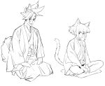  2boys androgynous animal_ear_request animal_ears cat_boy cat_tail eyebrows_visible_through_hair galo_thymos greyscale hanezo highres japanese_clothes lio_fotia male_focus mohawk monochrome multiple_boys on_floor promare seiza short_hair sidelocks simple_background sitting smile spiked_hair tail white_background 