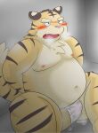  2013 anthro asian_clothing bake_gosut belly big_belly blush bodily_fluids bulge clothing cum east_asian_clothing felid fundoshi genital_fluids hi_res japanese_clothing kemono male mammal moobs navel nipples overweight overweight_male pantherine pink_nose sitting solo tiger underwear white_clothing white_fundoshi white_underwear 