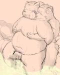  2013 anthro balls blush bodily_fluids canid canine canis cum domestic_dog duo ejaculation erection eyes_closed genital_fluids genitals grope_from_behind humanoid_genitalia humanoid_hands humanoid_penis kemono male male/male mammal moob_grab moobs nipples overweight overweight_male penis shimm sitting sketch 