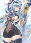  1girl absurdres arms_up blue_necktie breasts center_opening cowboy_shot eula_(genshin_impact) fish_bread genshin_impact hairband highres holding holding_sword holding_weapon large_breasts leotard looking_at_viewer necktie solo sword thighhighs thighs weapon wide_sleeves yellow_eyes 