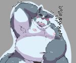  2022 anthro armpit_hair belly big_belly blush body_hair canid canine canis domestic_dog eyes_closed hi_res japanese_text kemono male mammal moobs navel nipples overweight overweight_male pubes solo suishou0602 text towel 