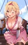  1girl ;o between_legs blonde_hair blue_sky blurry blurry_background blush breasts brown_eyes brown_legwear cleavage cloud cowboy_shot djeeta_(granblue_fantasy) dress eyebrows_visible_through_hair gloves granblue_fantasy hairband hand_between_legs large_breasts leaning_forward omuretsu one_eye_closed open_mouth outdoors pink_dress pink_hairband short_hair sky solo standing sweatdrop thighhighs 