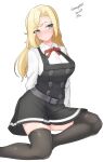  1girl absurdres asashio_(kancolle) asashio_(kancolle)_(cosplay) asashio_kai_ni_(kancolle) asashio_kai_ni_(kancolle)_(cosplay) black_legwear blonde_hair breasts cosplay dated dress grey_eyes highres hornet_(kancolle) kantai_collection large_breasts long_hair long_sleeves maru_(marg0613) pinafore_dress red_ribbon ribbon shirt simple_background sitting solo thighhighs twitter_username white_background white_shirt yokozuwari 