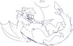  2022 anthro beak belly_grab capcom claws dragon duo fan_character felid feline flying_wyvern hi_res lion male male/male mammal monster monster_hunter nargacuga neck_tuft oral_vore pantherine shirojackote simple_background sketch speech_bubble teeth text tongue tongue_out tuft video_games vore white_background wings wyvern 