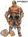  1boy abs artist_name arzuros bara bee belt biceps blonde_hair bug chest_hair facial_hair gauntlets green_hair highres honey honeycomb honeycomb_(pattern) knife large_pectorals leg_armor looking_at_viewer male_focus monster_hunter_(series) muscular muscular_male nipples pectorals personification red_eyes ruisselait scar scar_on_arm scar_on_chest scar_on_face scar_on_leg skirt solo tan thick_arms thick_eyebrows thick_thighs thighs topless topless_male tusks 