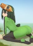  1girl :p all_fours arched_back arm_support ass asui_tsuyu back bangs black_legwear bodysuit boku_no_hero_academia breasts cameltoe dark_green_hair feet frog_girl from_behind gloves goggles goggles_on_head green_bodysuit hair_between_eyes highres kuroneko_pantsu long_hair looking_at_viewer looking_back outdoors sanpaku shiny shiny_clothes solo stirrup_legwear thighhighs toeless_legwear tongue tongue_out water 
